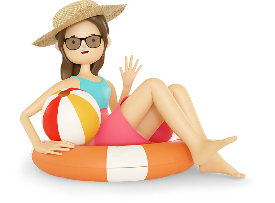 3D Woman Character Sitting at Life Buoy